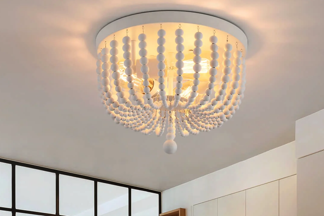 Coastal Charm: Sunroom Lighting with Whitewashed Wood Bead Ceiling Lamp