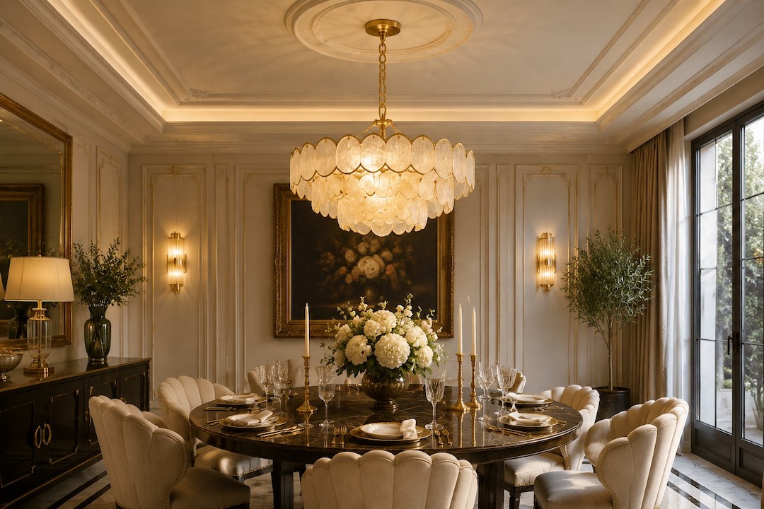 Opulent Dining Room: Scalloped Capiz Shell Gold Ceiling Lamp