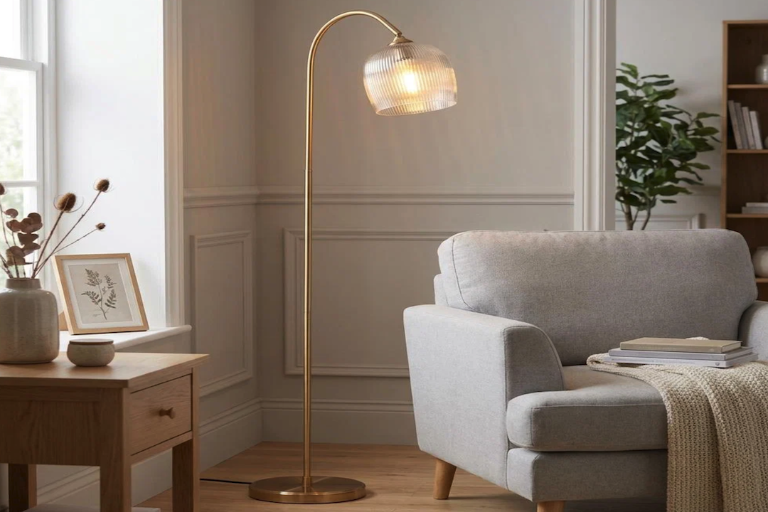 Cozy Reading Corner with Ribbed Glass Arc Floor Lamp